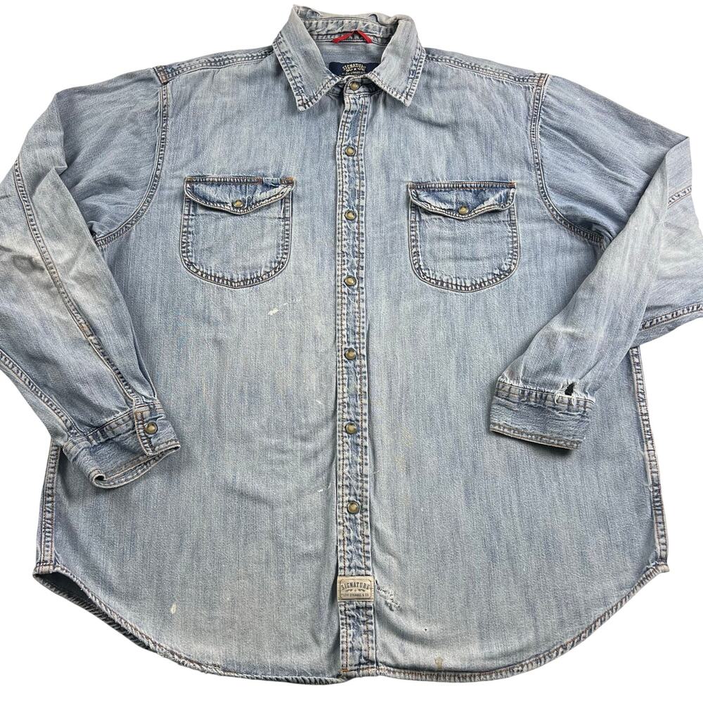 Levi Strauss Signature Pearl Snap Distressed Denim Shirt Men's Size XL